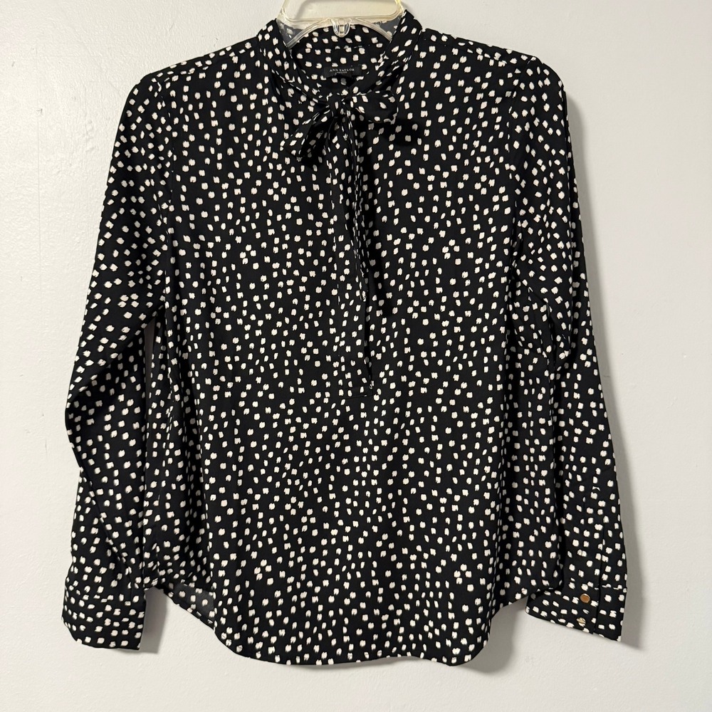 Ann Taylor Petite Black White Polka Dot Tie Neck Blouse SP Long Sleeve Top